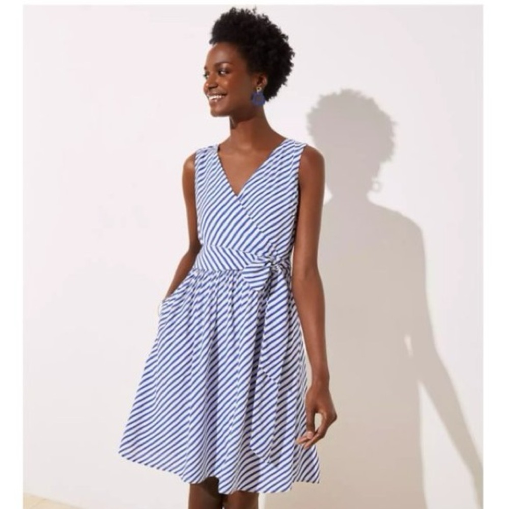 LOFT || Woman’s Navy and White Striped tie front Midi Dress size 10